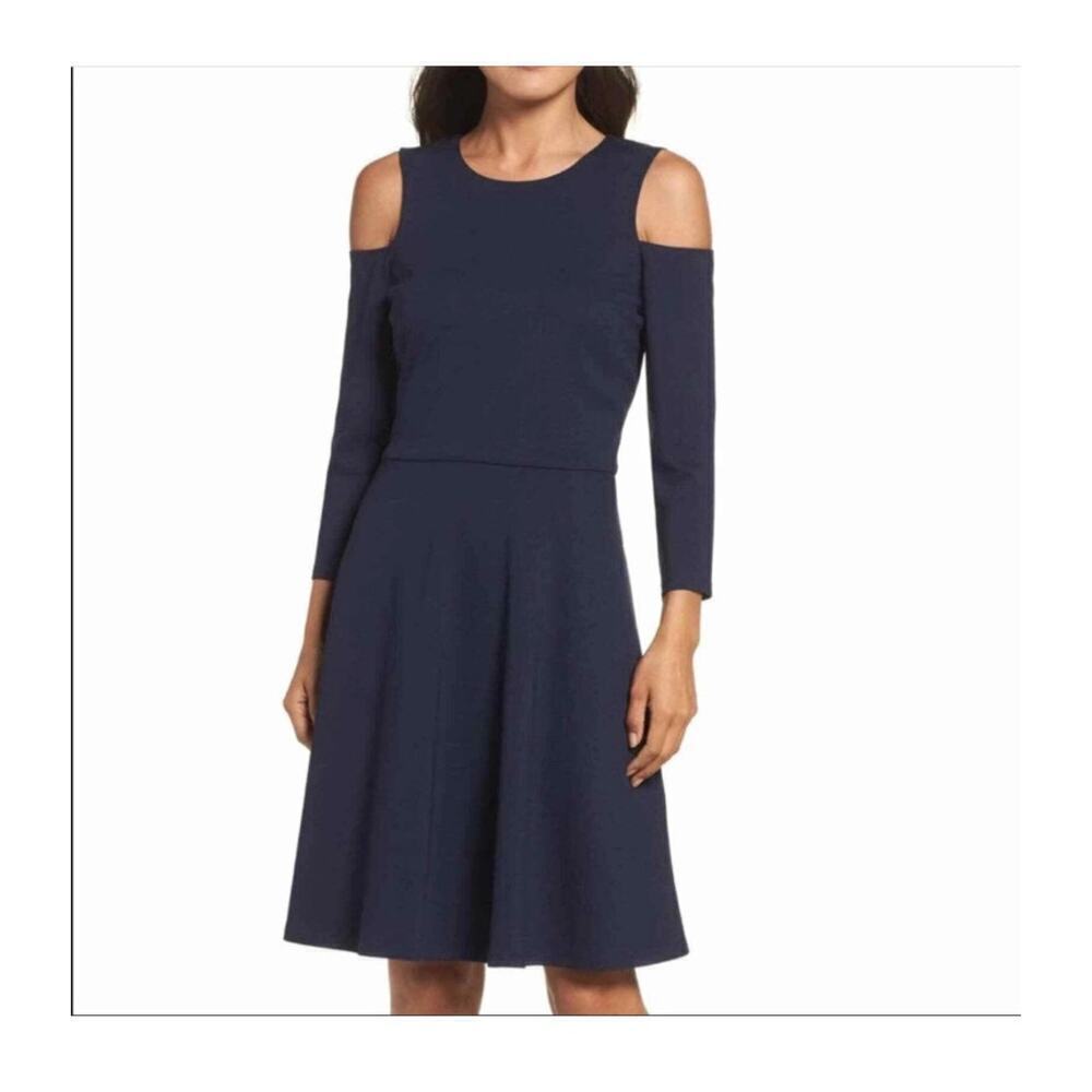 Eliza J Womans Navy Cold Shoulder Fit Flare Dress Size 4